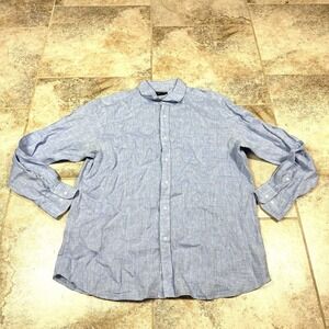 REID & TAYLOR Shirt Mens 44/17.5 Blue 100% Linen Long‎ Sleeve Dad